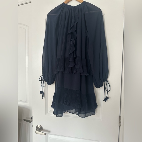 En Saison Navy Pleated Tiered Long Sleeve Mini Dress / Tunic Top XS Ruffle Sheer - Picture 6 of 10